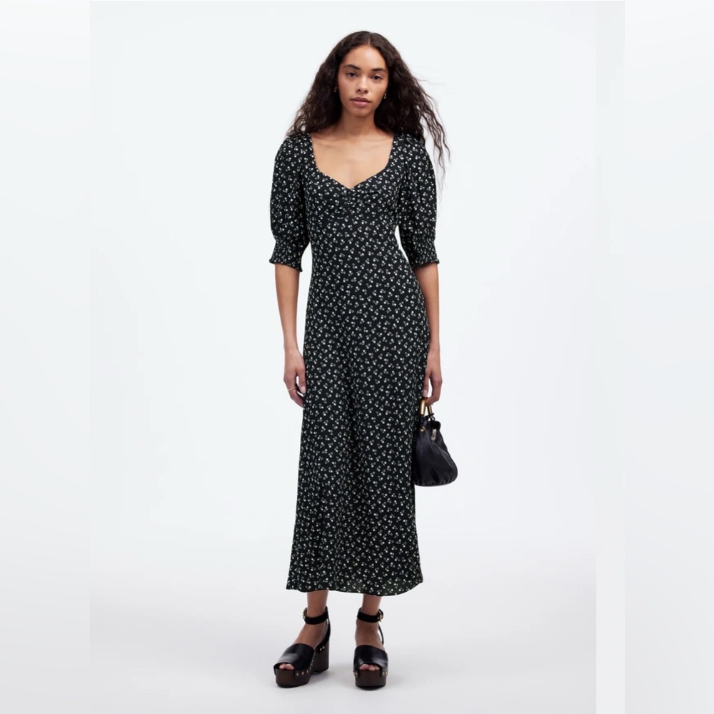 Madewell Ruched Scoopneck Side Slit Midi Dress in Floral size 00 NWT